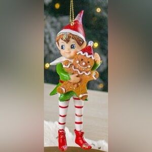 Vintage Festive Elf with Gingerbread cookie ornament very detailed